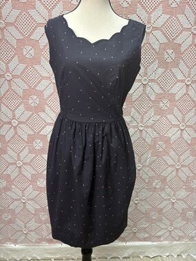 Laura Ashley Black Polka Dot Dress Scalloped Neck Cotton Sz 10